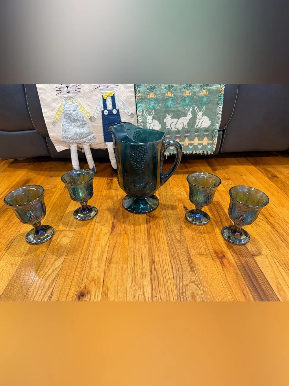 Iridescent Blue Glass Pitcher and 4 Goblets Set